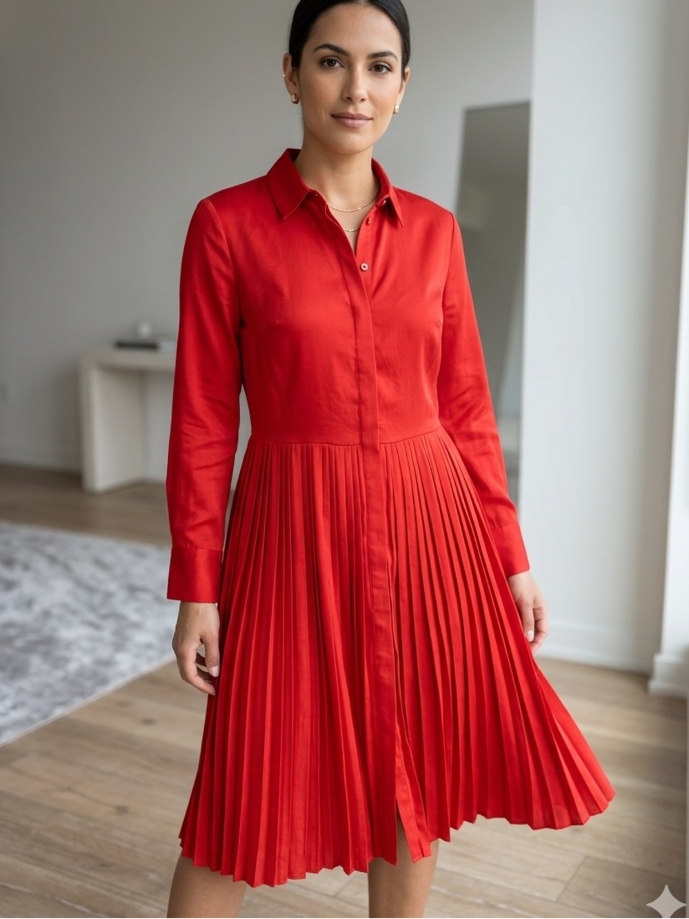 Banana Republic Red Pleated Shirt Dress Long Sleeve Petite 6P